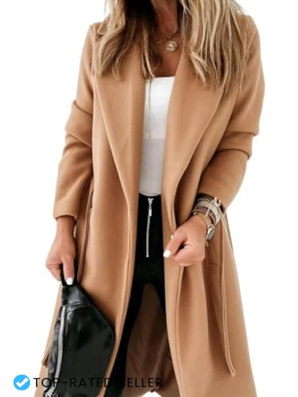 Womens Notched Lapel Open Front Long Belted Coat Polyester Cotton